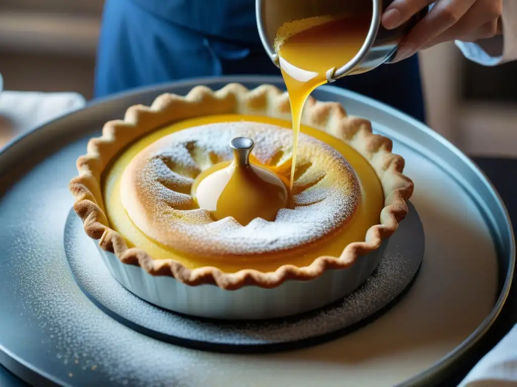 Un experto pastelero vierte con destreza masa dorada en molde para tartas francesas, resaltando la precisión y arte culinario