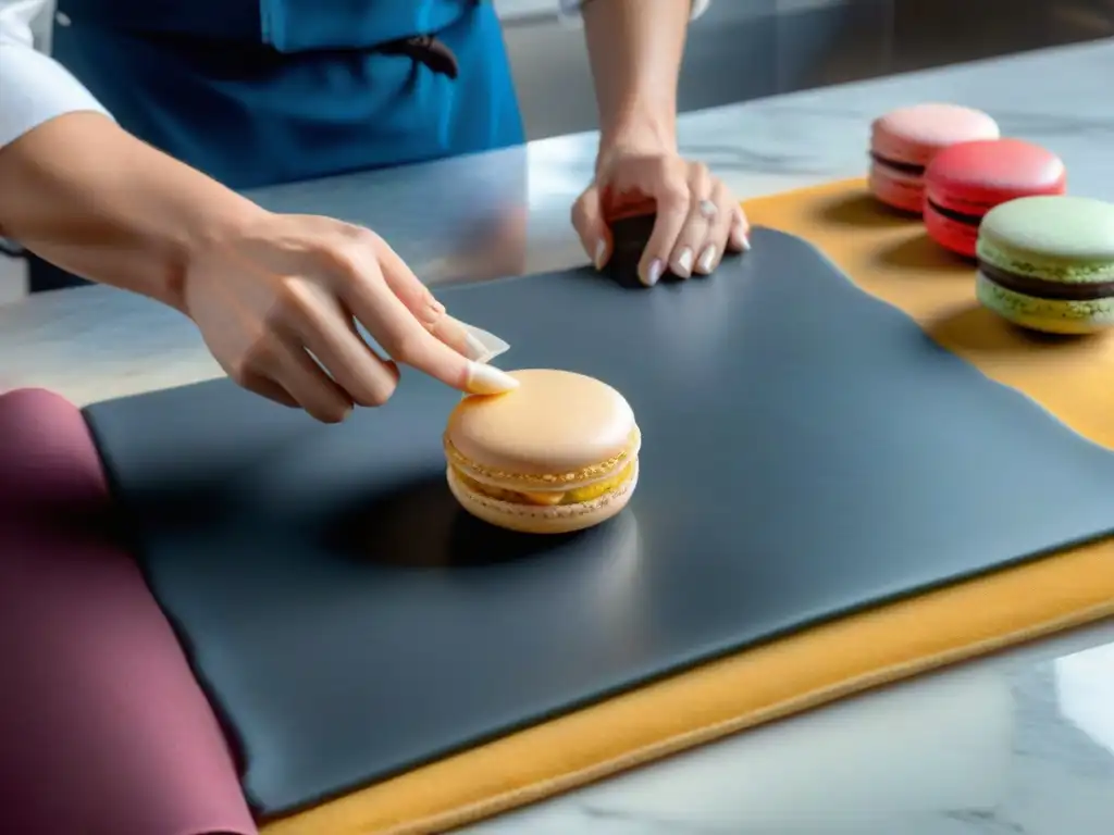 El experto pastelero crea macarons franceses perfectos en un tapete de silicona de alta calidad