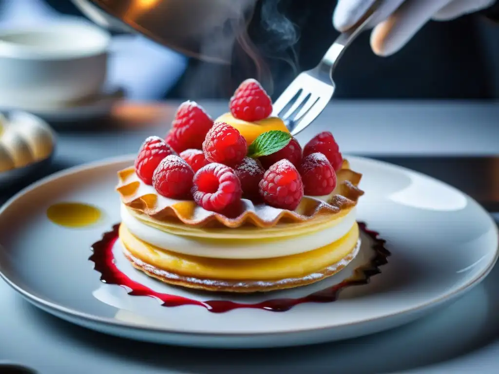 Un experto pastelero francés decora con precisión un millefeuille moderno con coulis de frambuesa