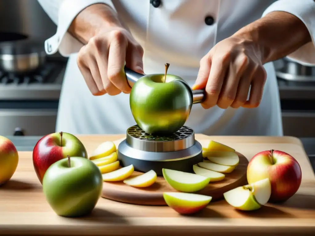 Un experto pastelero usando un sacacorchos de manzana en manzanas frescas