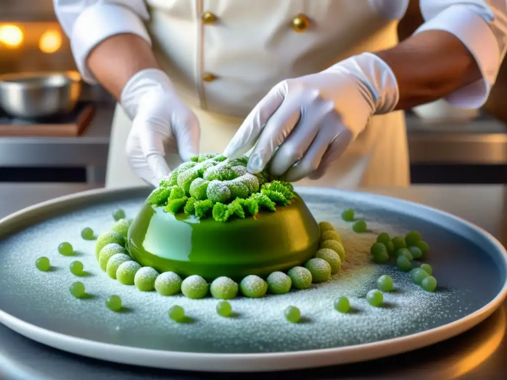 Un experto pastelero esparciendo angélica verde en un postre francés