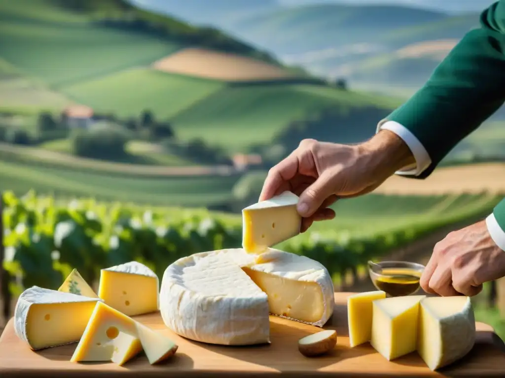 Un experto sommelier cortando con precisión un Camembert en tabla rústica, escena campestre