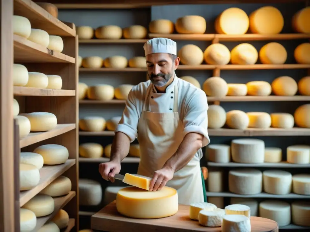 Un experto quesero en una fromagerie francesa moldea un Queso Salers