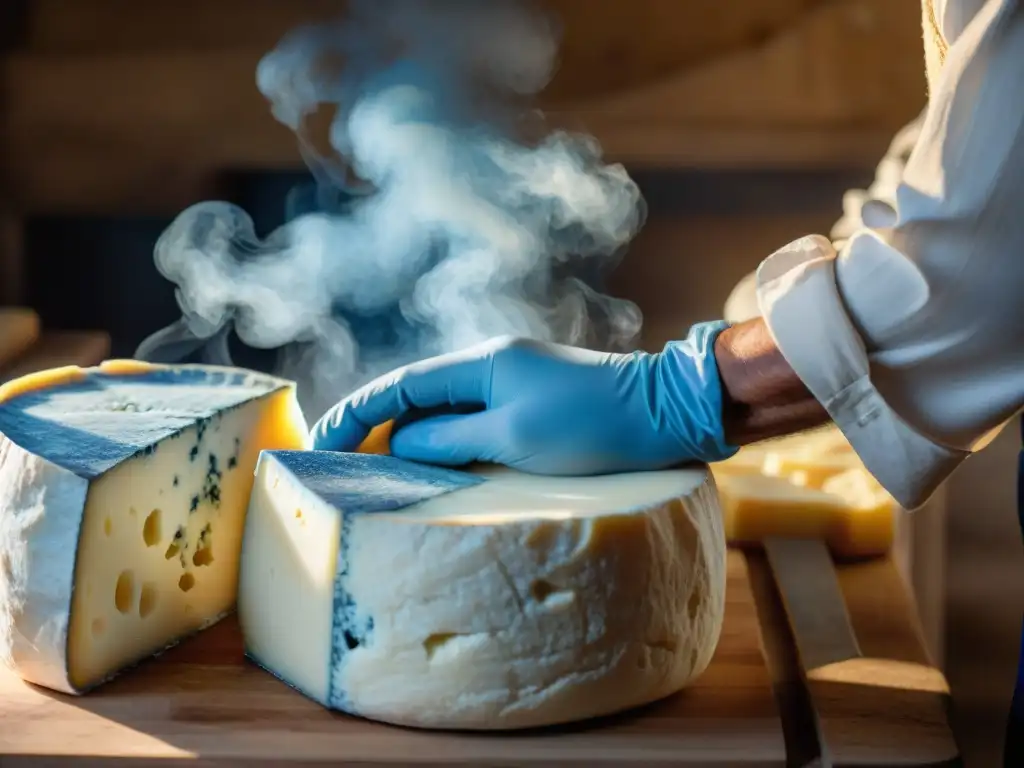 Un experto quesero en una granja francesa tradicional elaborando un queso Bleu d'Auvergne con siglos de historia y técnicas artesanales