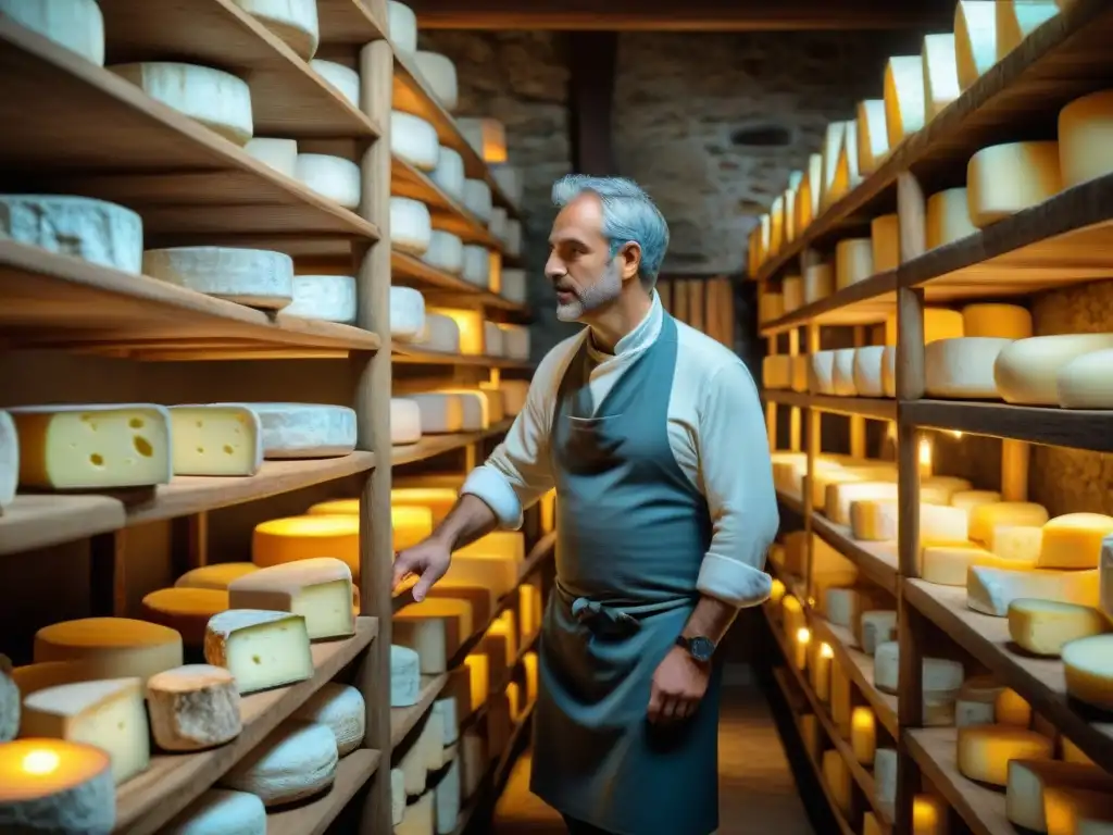 Un experto quesero inspecciona la conservación de quesos franceses en una bodega rústica