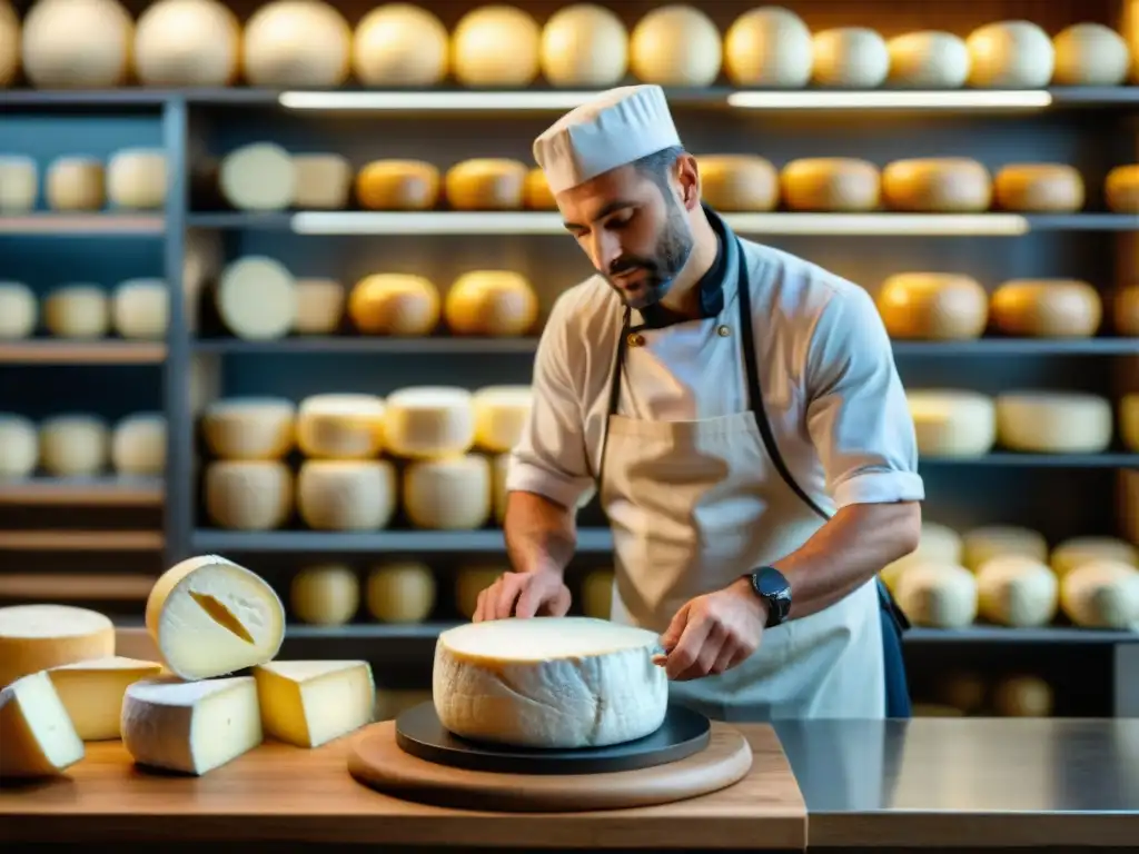 Un experto quesero en Francia conserva al vacío un queso Camembert, rodeado de variedades francesas