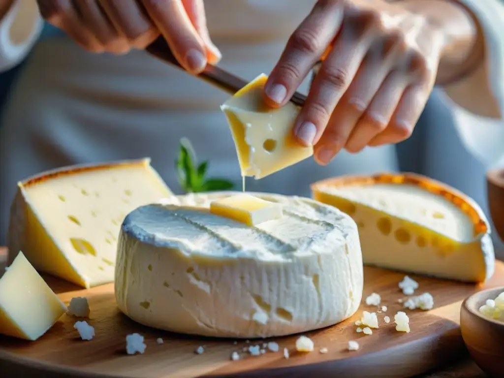 Un experto elabora queso Brie casero, espolvoreando sal marina sobre las redondas piezas de queso recién hechas