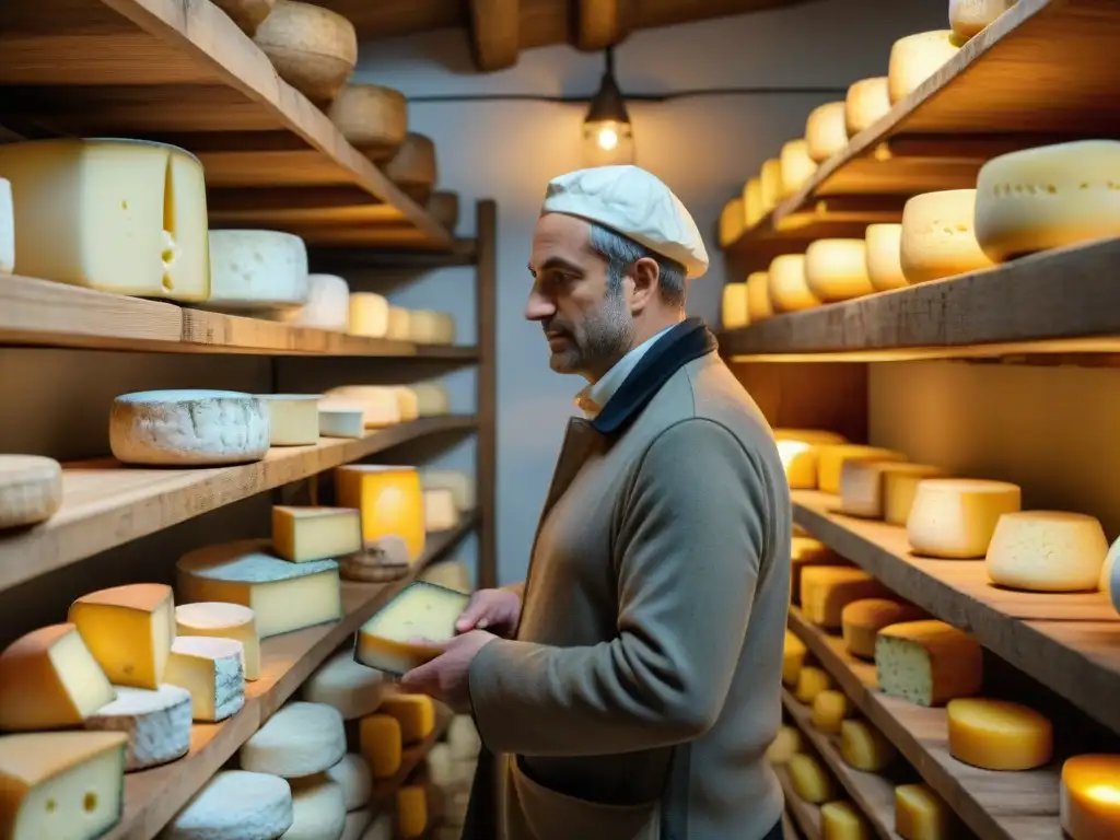 Un experto en quesos inspecciona un Camembert en bodega tradicional