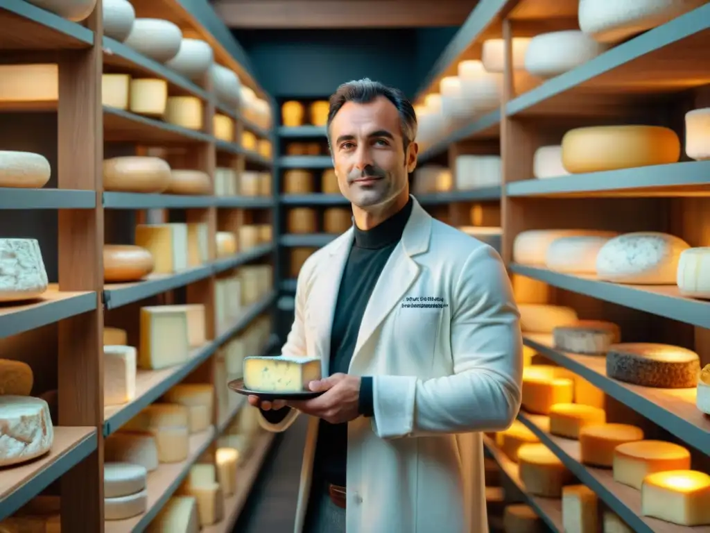 Un experto en quesos franceses examina un Camembert en una fromagerie, rodeado de quesos envejecidos