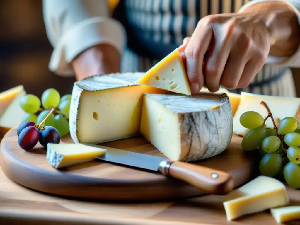 Un experto en quesos franceses corta con destreza una rueda de brie, mostrando su textura cremosa y veteado