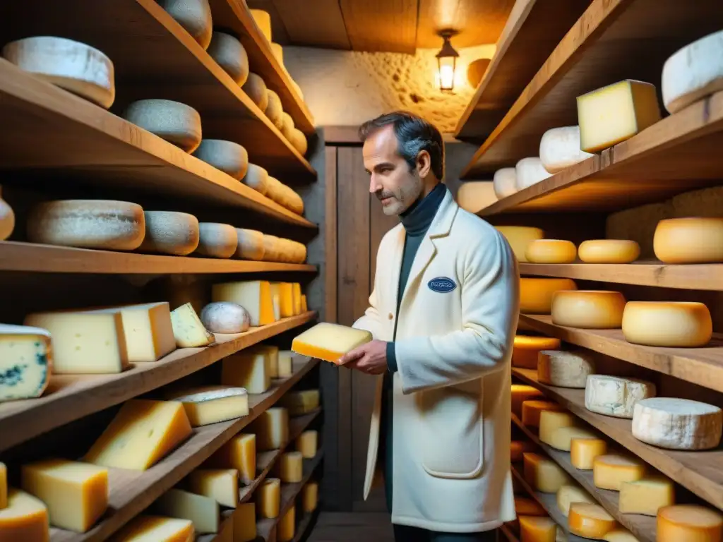 Un experto en quesos inspecciona ruedas etiquetadas en una bodega de quesos franceses