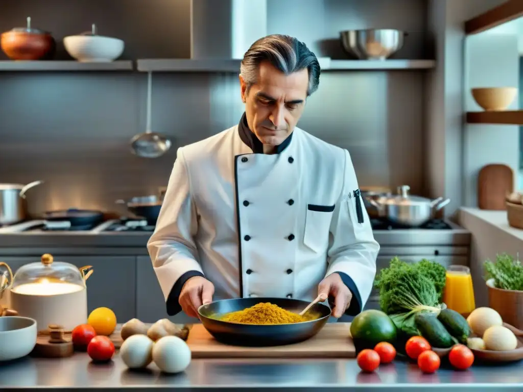 Maestro culinario: Jean-Pierre Léaud recrea la magia de la cocina francesa Jean-Pierre Léaud, experto chef francés, preparando una receta tradicional con ingredientes frescos