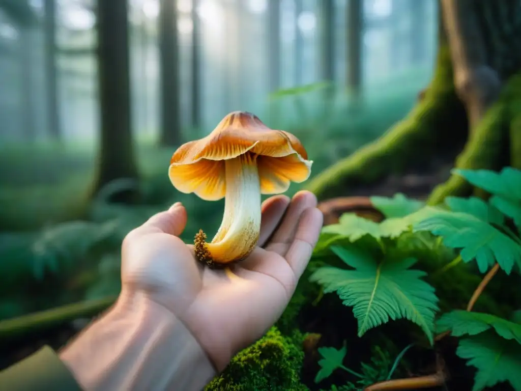 Un experto recolector sostiene una seta en un bosque francés con una expresión de reverencia