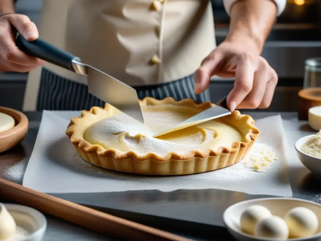 Un experto repostero modela con cuidado la masa de hojaldre para una tarta francesa