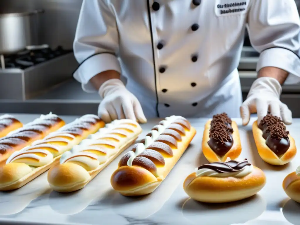 Un experto repostero decora éclairs con precisión en una cocina profesional, mostrando técnicas avanzadas de confitería francesa