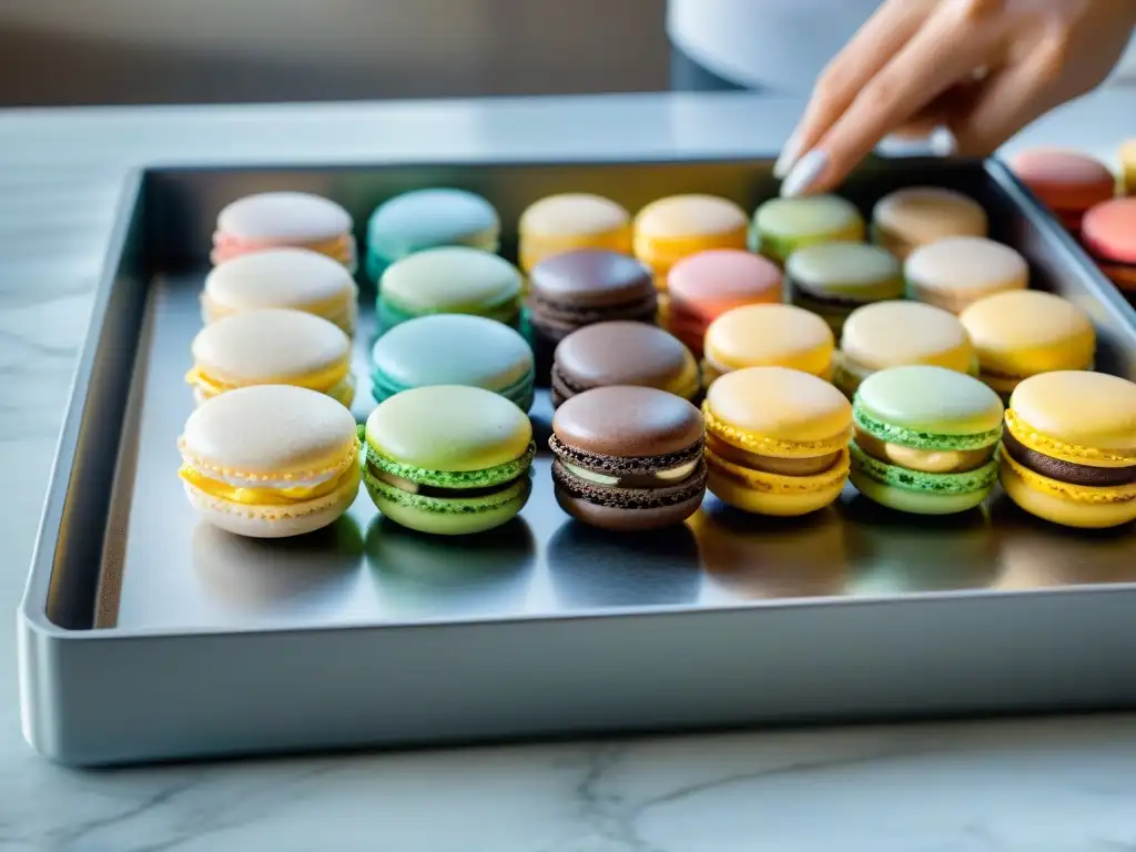 Un experto repostero usando las mejores herramientas para hacer macarons, mostrando precisión y dedicación en la elaboración de estos exquisitos pasteles franceses