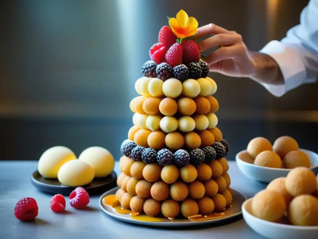 El experto repostero francés confecciona con precisión un croquembouche, destacando los secretos postres franceses