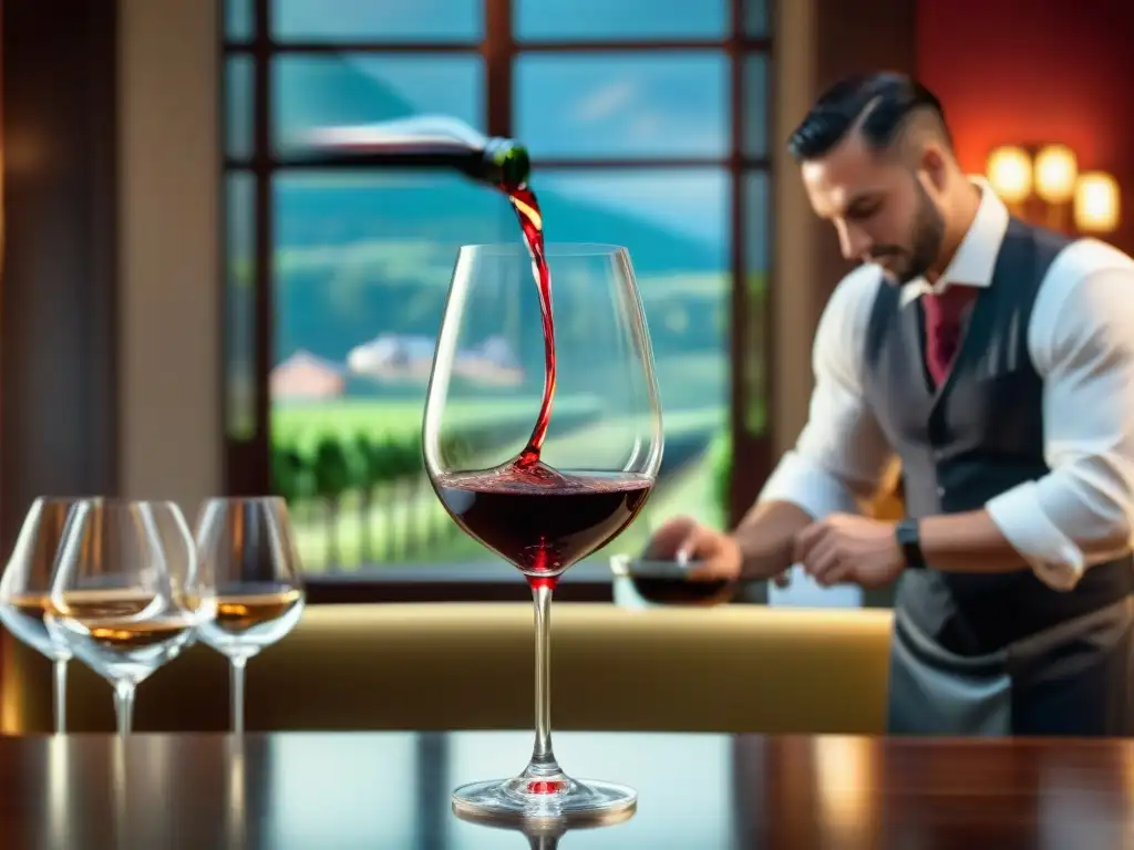 Un experto sommelier sirviendo un Bordeaux en un elegante restaurante francés