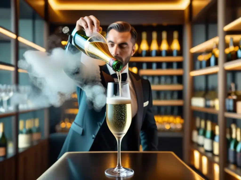 Un experto sommelier sirviendo champagne en un entorno lujoso