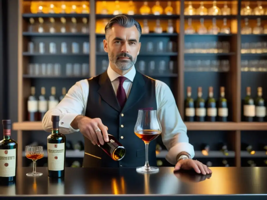 Un experto sommelier sirviendo vermut francés en una elegante copa de cristal en una sala de degustación sofisticada