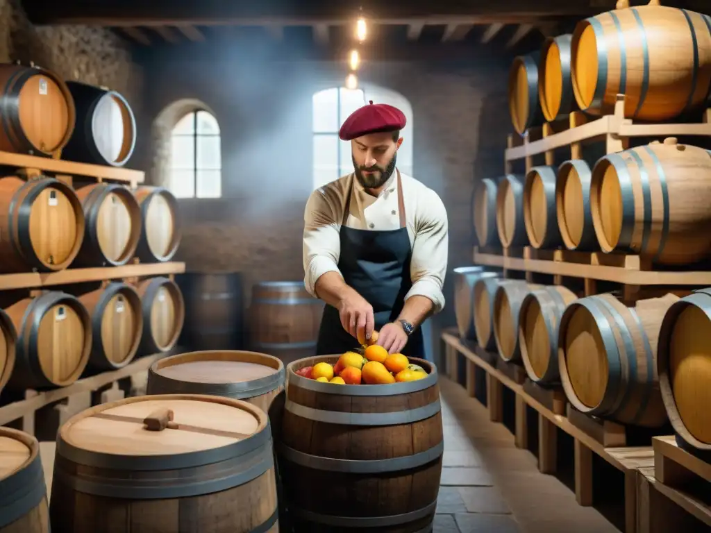 Un experto en un sótano francés inspeccionando barriles para conservas fermentadas gastronomía francesa