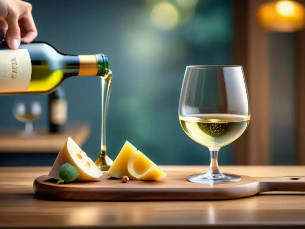 Un experto sumiller sirviendo con maestría un vino blanco francés en una copa elegante, en una cata de vinos blancos franceses