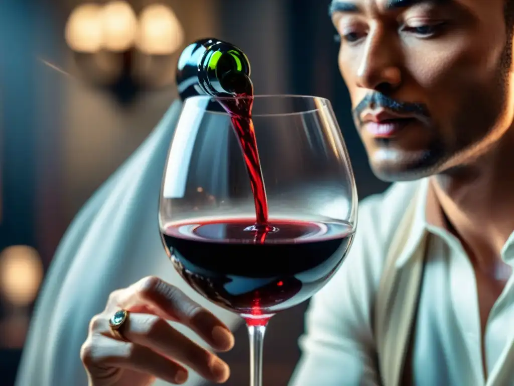 Un experto sumiller de vinos tintos franceses remueve con elegancia un vino rojo rubí, mostrando destrezas y sofisticación