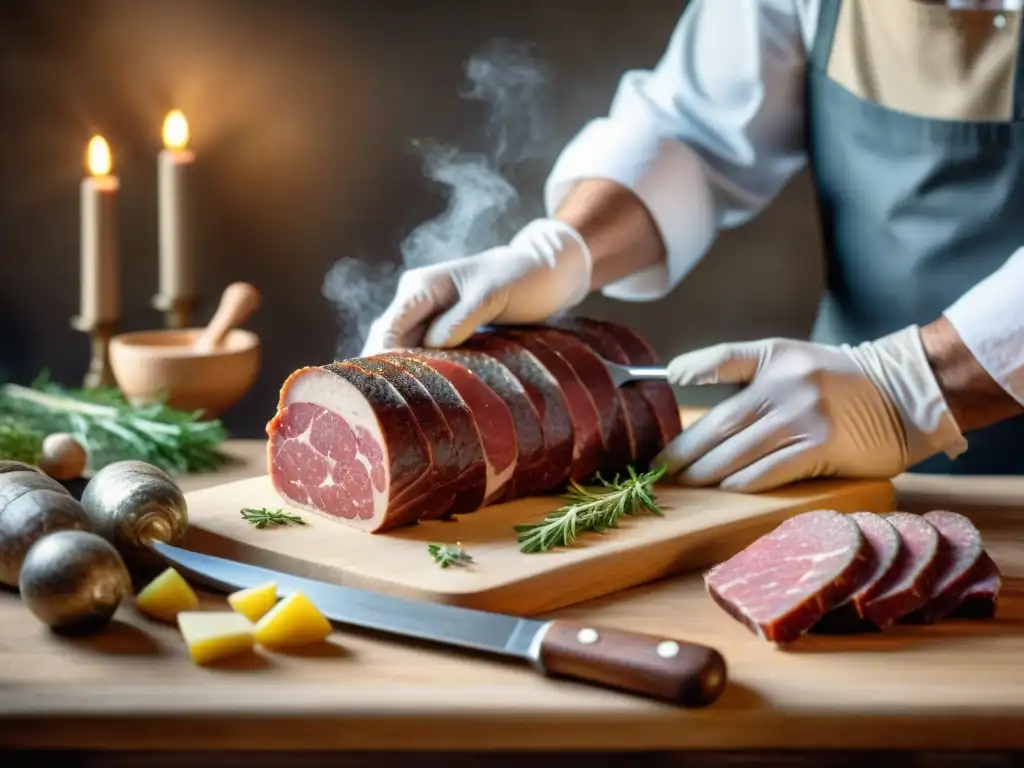 Un experto charcutero francés preparando una terrina de campagne