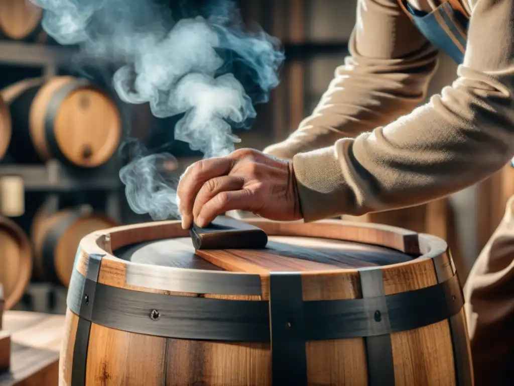 Experto tonelero francés esculpiendo un barril de roble para vinos, destacando la influencia de la madera en vinos franceses