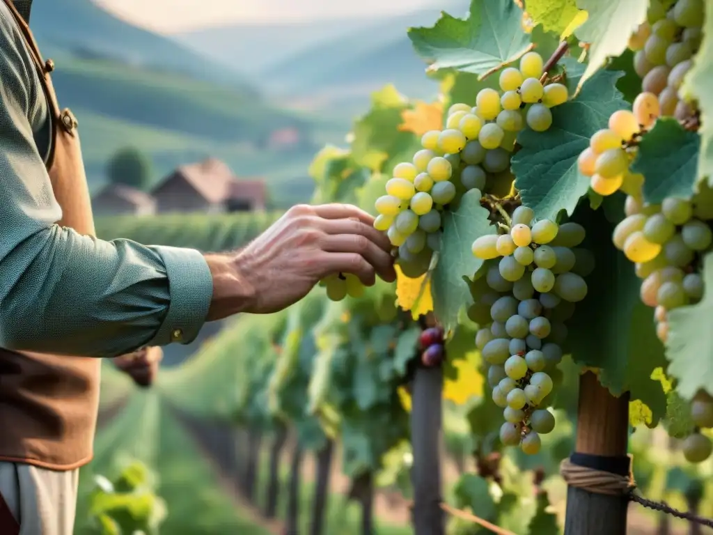 Manos expertas cosechando uvas en Alsacia Un experto viticultor cosecha uvas Gewurztraminer en viñedos de Alsacia, Francia