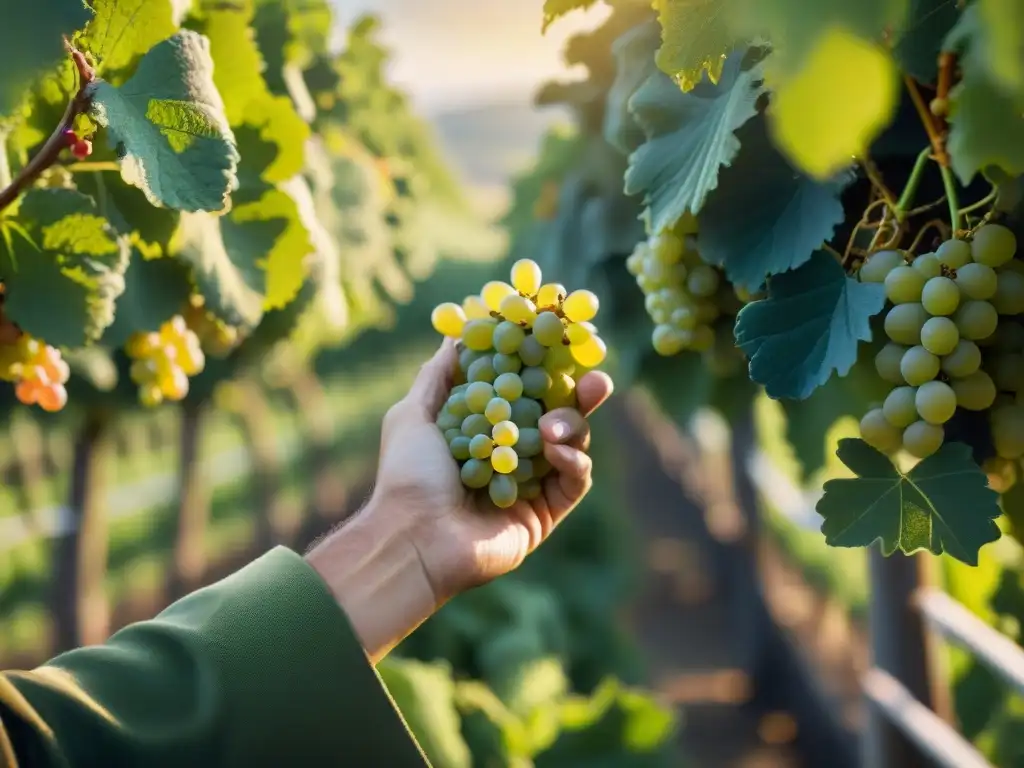 Un experto vinicultor selecciona con precisión las uvas para las exclusivas variedades de champagne francés en un viñedo soleado y lujoso