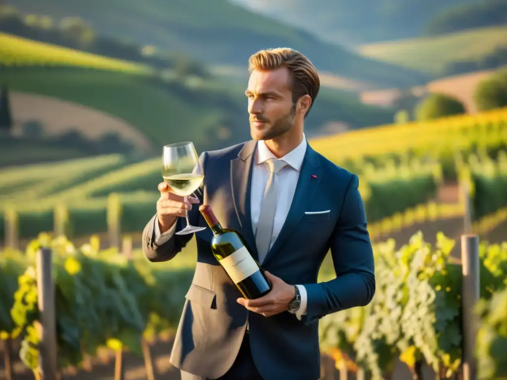 Un experto sommelier francés sirviendo vino blanco en un viñedo, evocando lujo y refinamiento