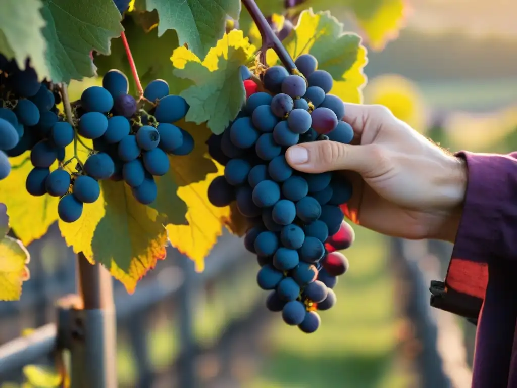 Un experto en vinos franceses tradicionales innovadores inspecciona uvas Pinot Noir bajo el sol