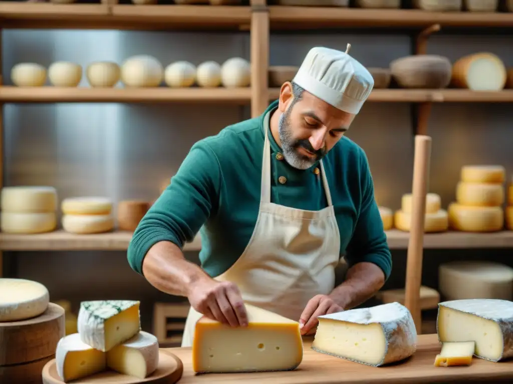 Expertos artesanos franceses creando quesos en un taller tradicional