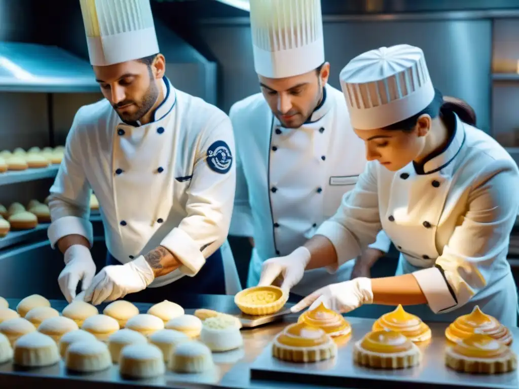 Expertos chefs franceses crean moldes para tartas francesas con precisión en una panadería tradicional de París