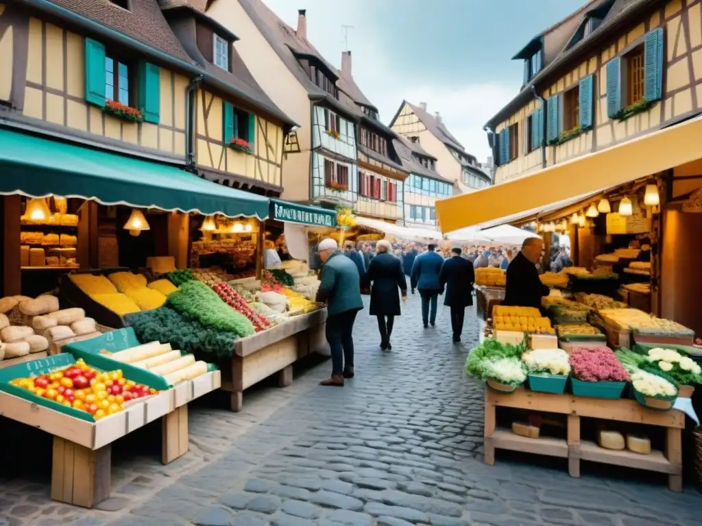 Exploración culinaria en pueblos franceses: Mercado bullicioso en Colmar con productos frescos y coloridas flores