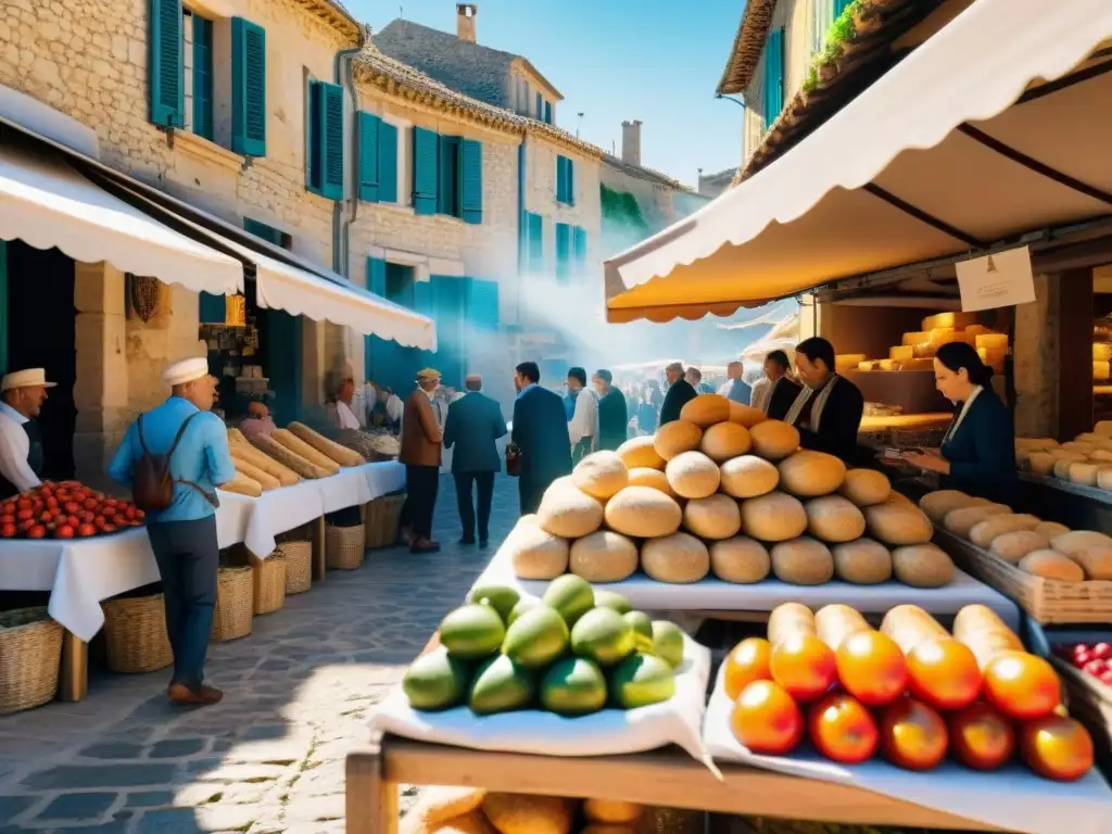 Exploración culinaria en pueblos franceses: Mercado bullicioso de Gordes con productos frescos y coloridos, gente animada y edificios antiguos