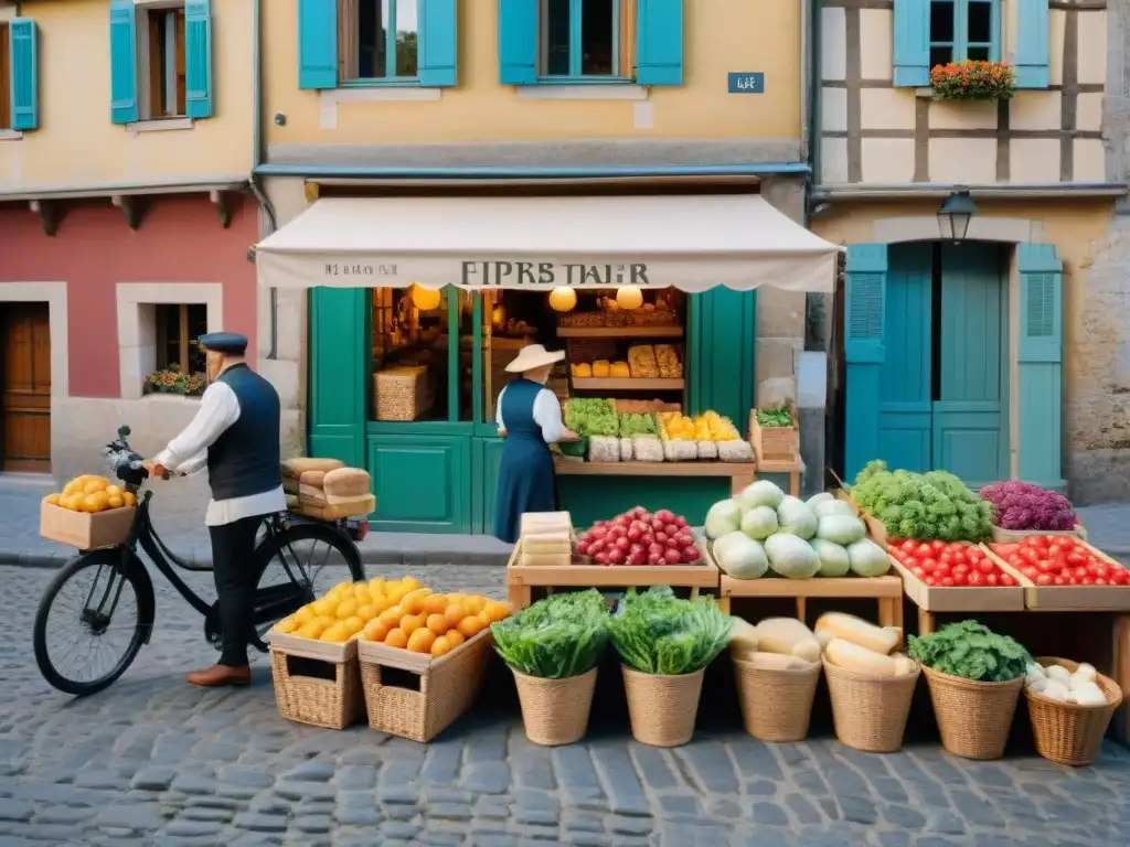 Exploración culinaria en pueblos franceses: Mercado matutino bullicioso con productos frescos y vendedores locales