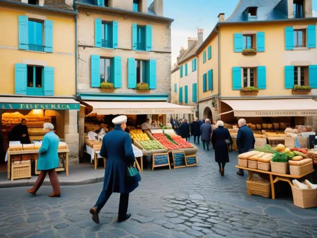 Exploración culinaria en pueblos franceses: Mercado animado con productos frescos y coloridos, rodeado de edificios históricos