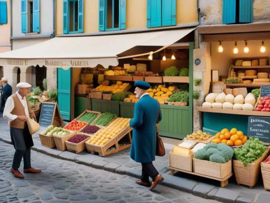 Exploración culinaria en pueblos franceses: escena colorida en un bullicioso mercado con productos frescos y locales