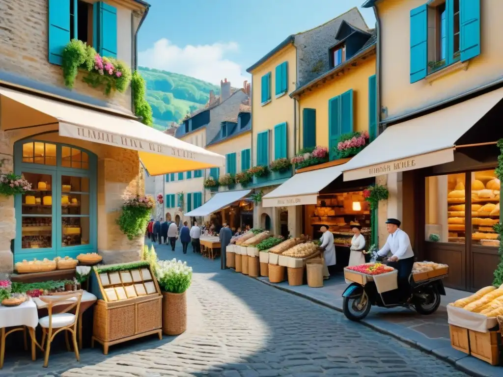 Exploración culinaria en pueblos franceses: escena detallada de una pintoresca aldea con panadería y mercado