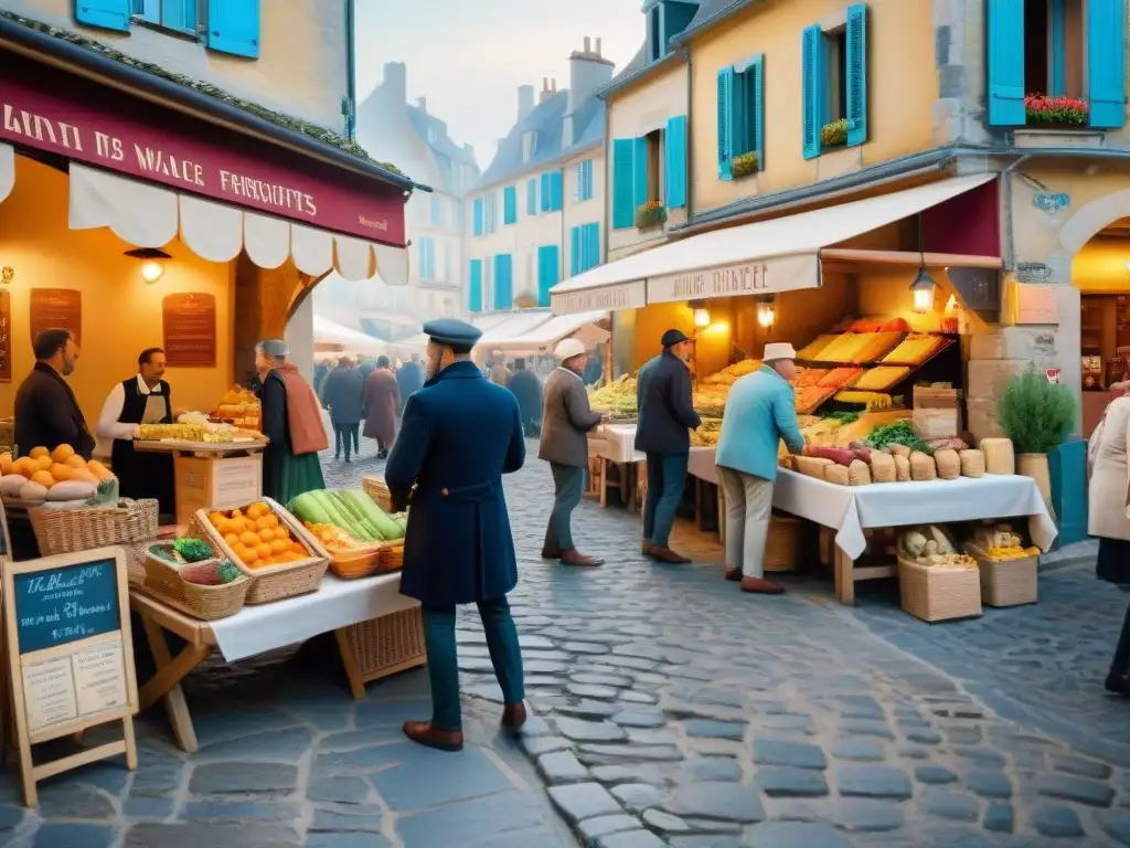 Exploración culinaria en pueblos franceses: Mercado bullicioso con baguettes frescas, frutas coloridas y vino local, rodeado de encanto francés