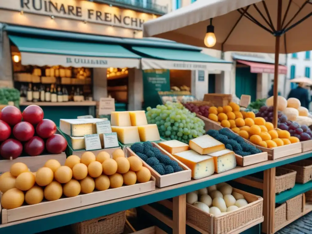 Exploración gastronómica en un bullicioso mercado francés con vinos, quesos y productos frescos