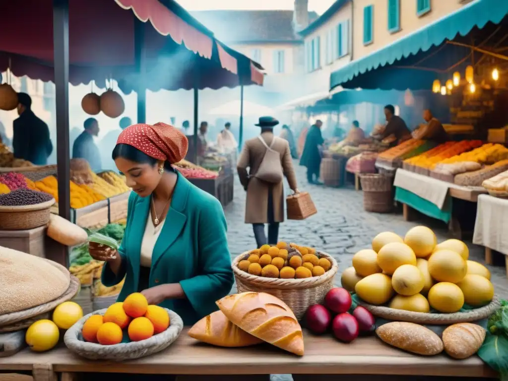 Exploradores de la gastronomía francesa del siglo XIX en bullicioso mercado de colores y aromas