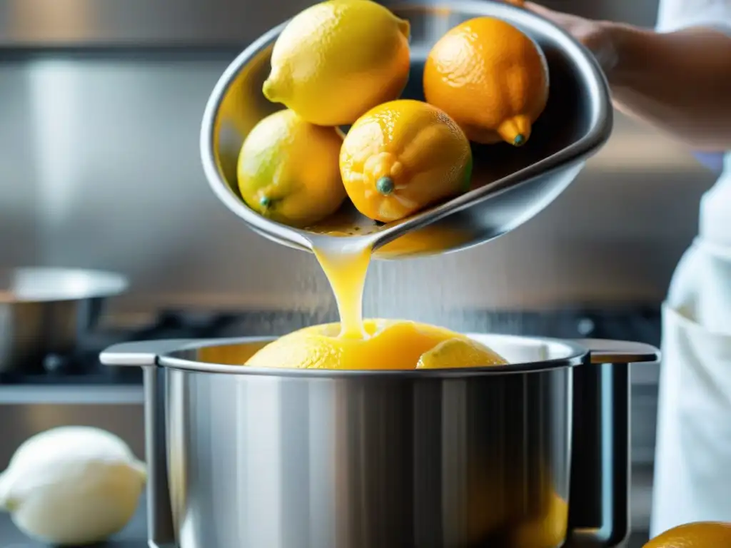 Un exprimidor de cítricos para cocina francesa en acción, extrayendo jugo de limón fresco con precisión, en una bulliciosa cocina parisina