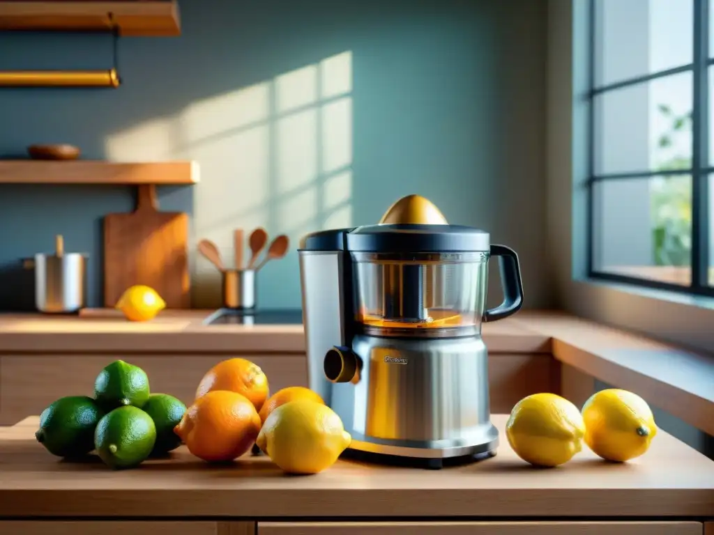 Un exprimidor de cítricos para cocina francesa, rodeado de limones, limas y naranjas frescas en una cocina tradicional