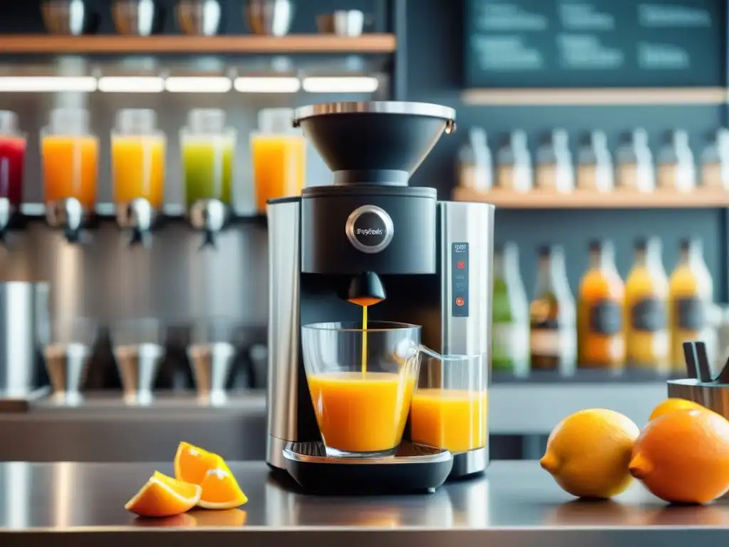 Un exprimidor francés de alta gama en un elegante café, exprimiendo jugo de naranja fresco en una copa cristalina