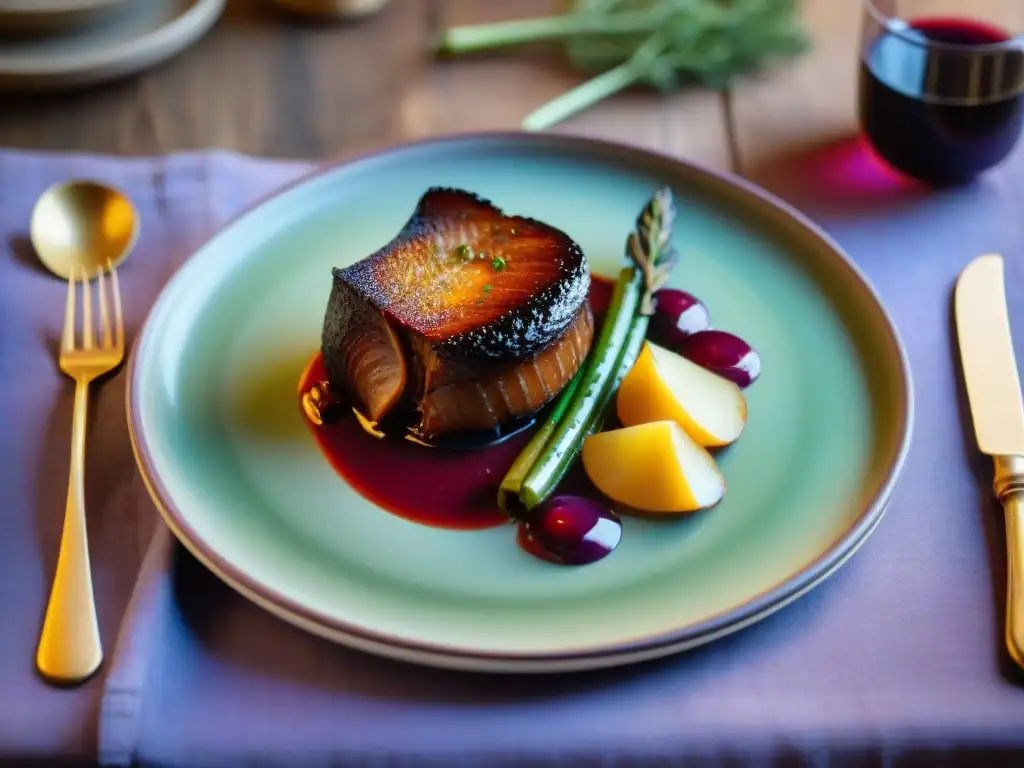 Una exquisita armonía cromática gastronómica francesa en un elegante plato de cerámica inspirado en el campo francés