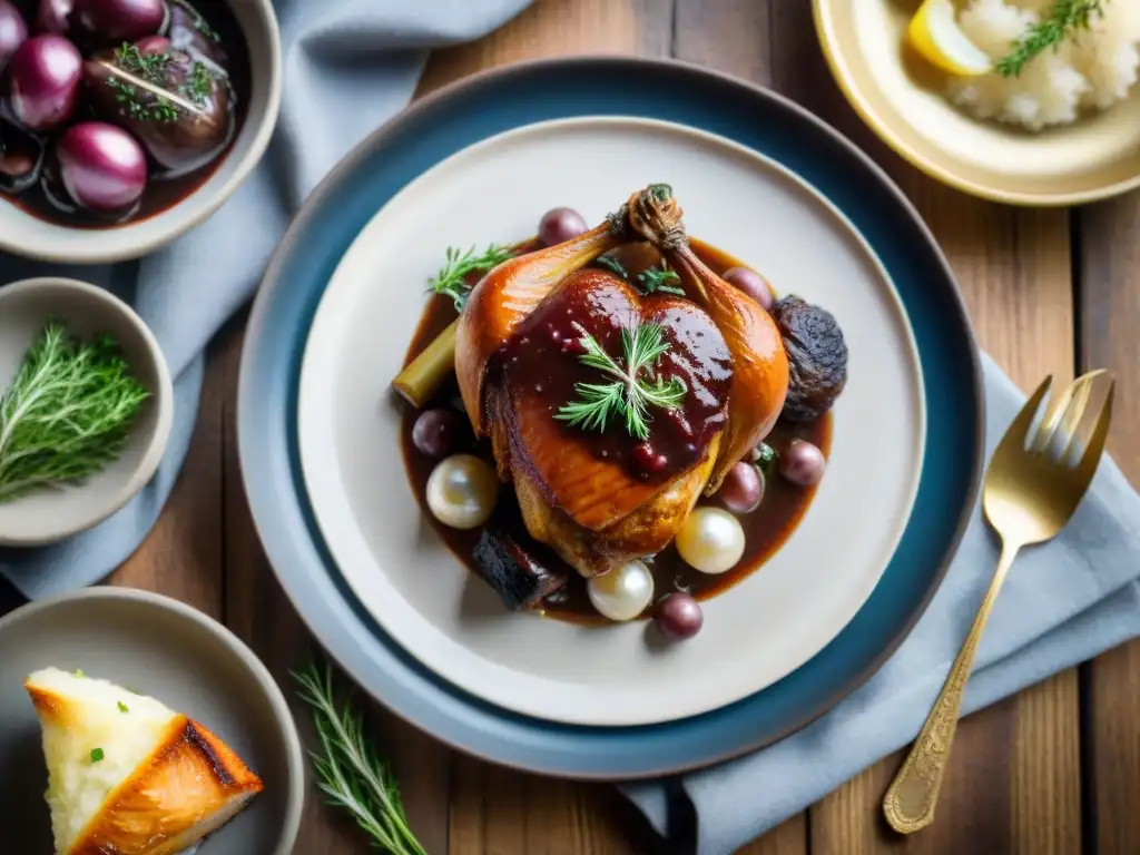 Una exquisita Fotografía de Coq au Vin, resaltando sus tonos y texturas en una escena cálida de cocina francesa