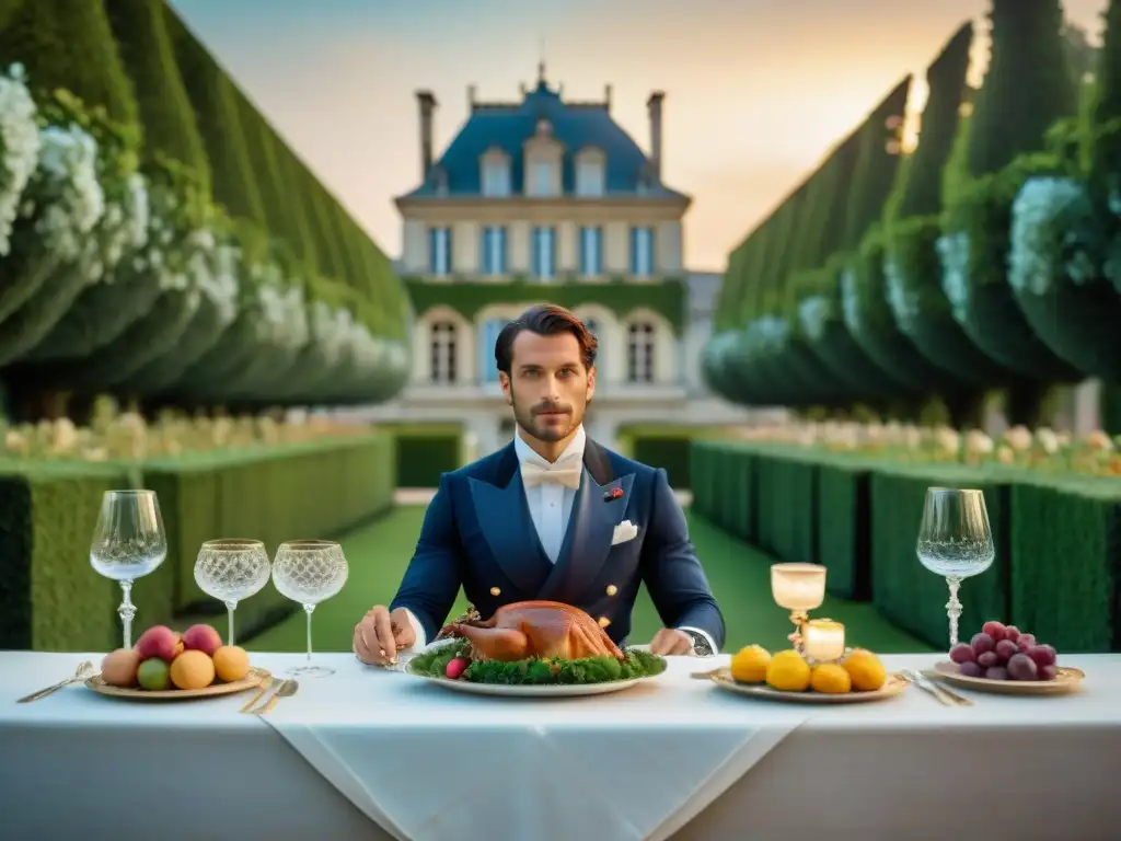 Exquisita cena al aire libre en château francés, reflejo del impacto de François Vatel en la gastronomía francesa